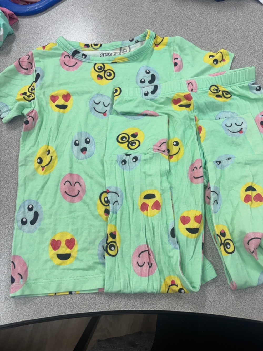 Birdie Bean Mint Green Emoji Kids Pajama Set with Multicolor Smiley Faces
